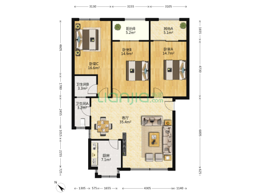 华宫小区 3室1厅2卫 120平方