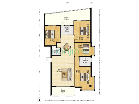 阳光锦城 4室1厅2卫 148平方