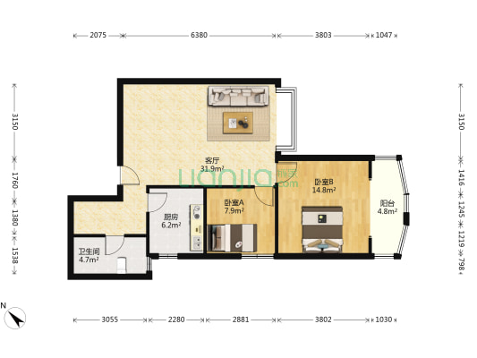 东方大厦 2室1厅1卫 94平方