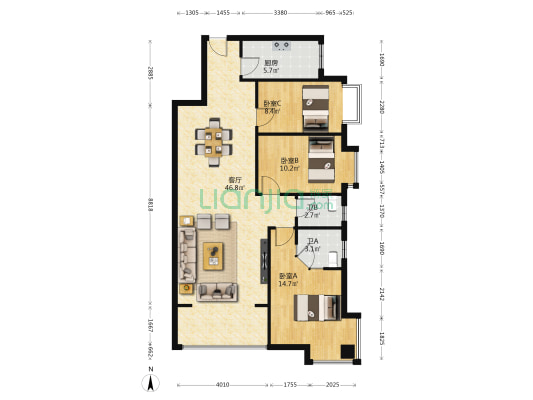 佳天雅苑 3室1厅2卫 107平方