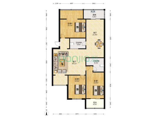 玉园翠景 3室2厅2卫 148平方