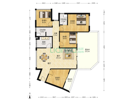 聚亿天府锦城 4室1厅2卫 90平方