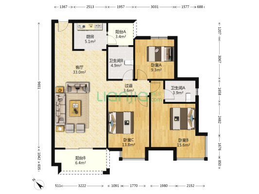 中满春花苑 3室1厅2卫 124平方