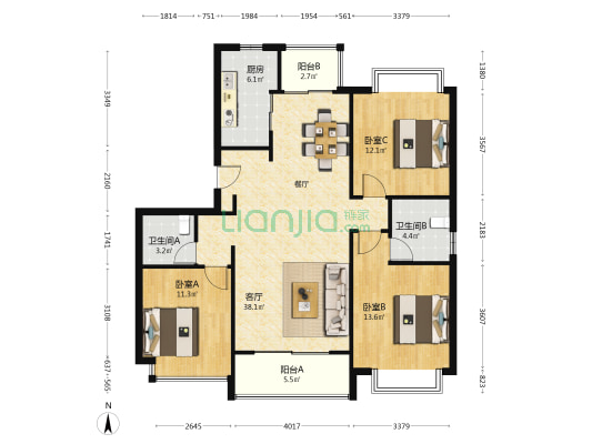 紫薇苑 3室1厅2卫 117平方