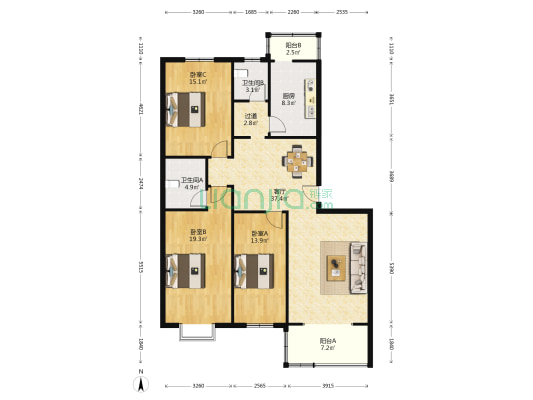 恒都彩虹源 3室1厅2卫 137平方