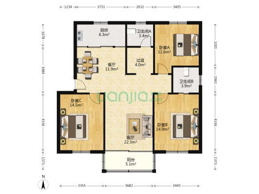 阳山花苑三区 3室2厅2卫 120平方