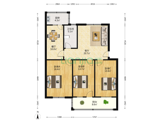 劳动南路1303号 3室2厅1卫 107平方
