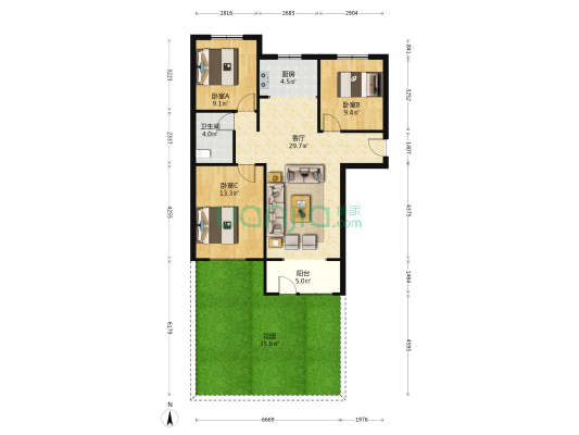 一层带院 院子70平米 自住精装修 南北通透 拎包入住-户型图