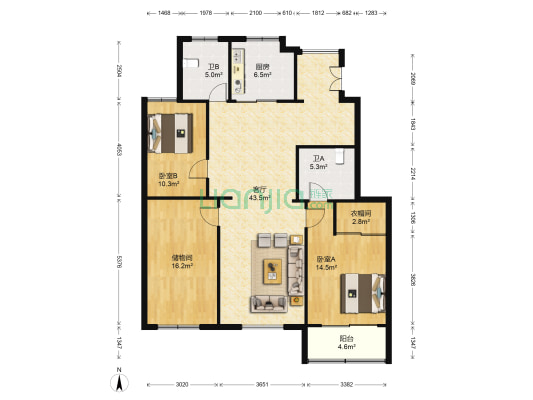 山水绿城 2室1厅2卫 135平方