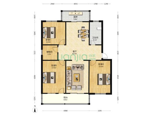宏业北巷 3室1厅1卫 134平方