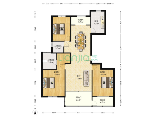 苏建名都城 3室2厅2卫 141平方