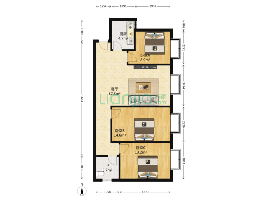 学府美邻 3室1厅1卫 102平方