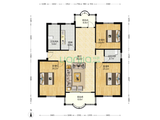 富田花园 3室1厅2卫 121平方