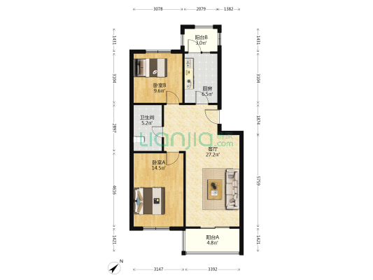 海德公寓 2室1厅1卫 91平方