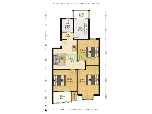 嘉发公寓 3室1厅1卫 93平方