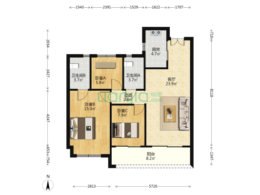 潮和阅江台轩 3室1厅2卫 95平方