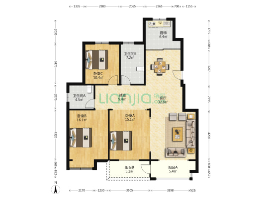 勤星苑北区 3室1厅2卫 138平方