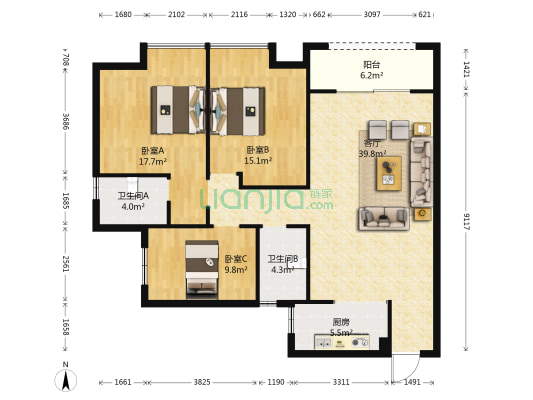 长水航城云粹苑 3室1厅2卫 122平方