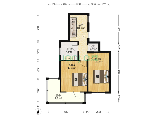 土产公司宿舍 2室1厅1卫 62平方