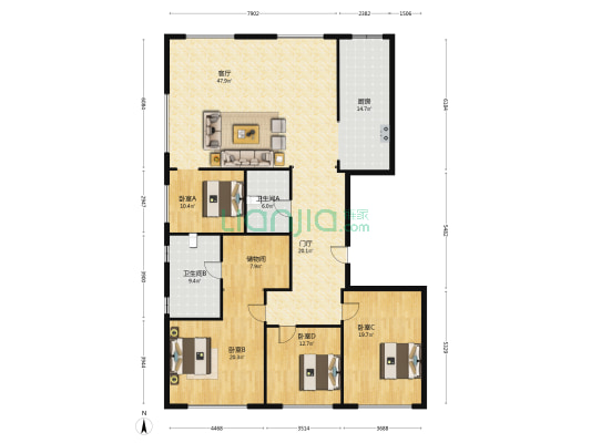 保利天珺 4室1厅2卫 213平方