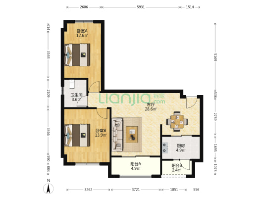 兴旺双铁城 2室1厅1卫 91平方