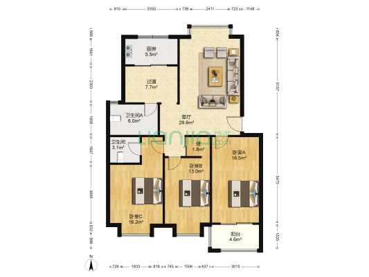 天香花苑 3室1厅2卫 120平方