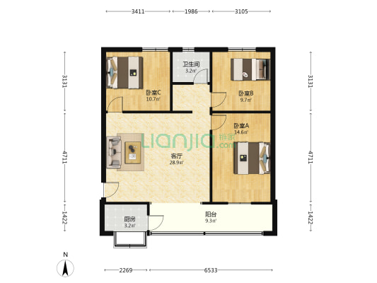 教场西路13号 3室1厅1卫 92平方