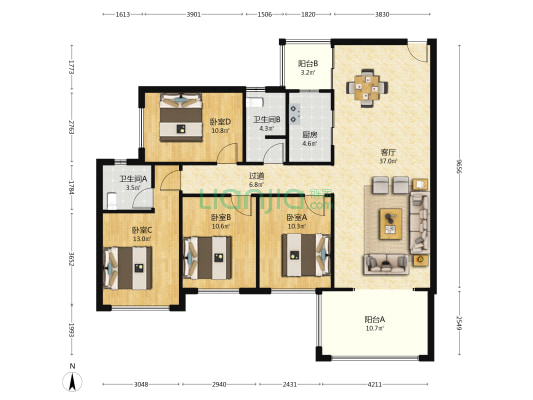 海马金盘花园二期 4室1厅2卫 131平方