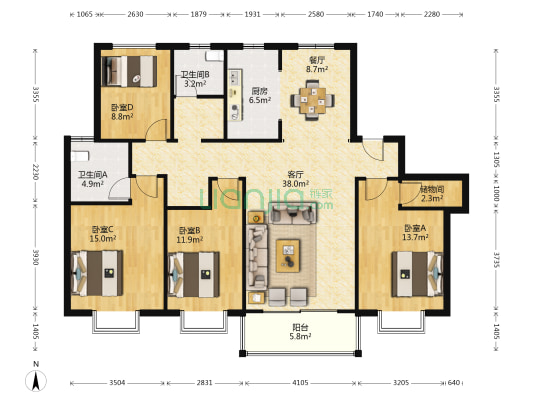 玫瑰湾(公寓) 4室2厅2卫 151平方