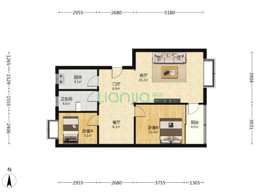 泰都花苑 2室2厅1卫 87平方