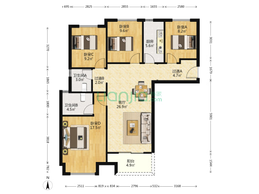 万科紫台紫瑞苑 4室1厅2卫 128平方