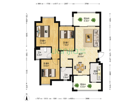 鲁能海蓝椰风 3室1厅2卫 98平方