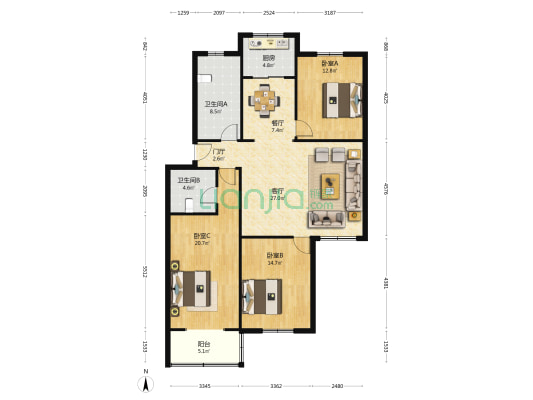 西勘新苑 3室2厅2卫 134平方