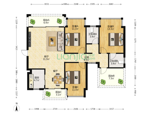 绿港爱尚里 3室1厅2卫 124平方