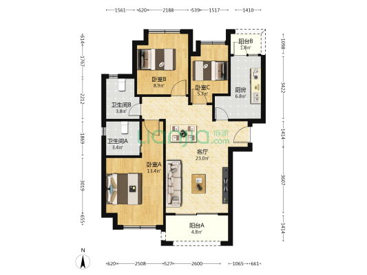 日月光伯爵湾（一期） 3室1厅2卫 90平方