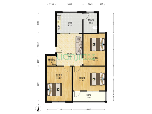 人民医院宿舍 3室1厅1卫 92平方