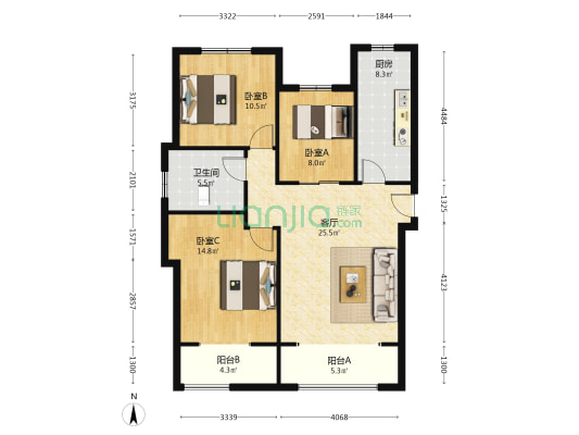 涿州高铁东站 南北通透大三居出售  有本 采光好-户型图