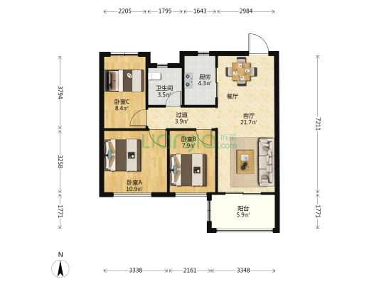 龙湖盛天天钜香缇郡三区 3室1厅1卫 89平方