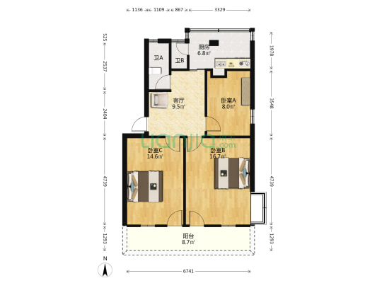 省粮食局宿舍 3室1厅2卫 77平方