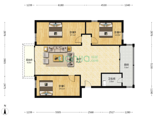 竹园花苑 3室1厅1卫 121平方