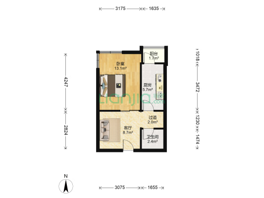 吉利花园 1室1厅1卫 52平方