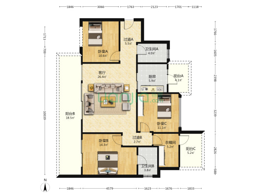 仟坤水街南区 3室1厅2卫 118平方