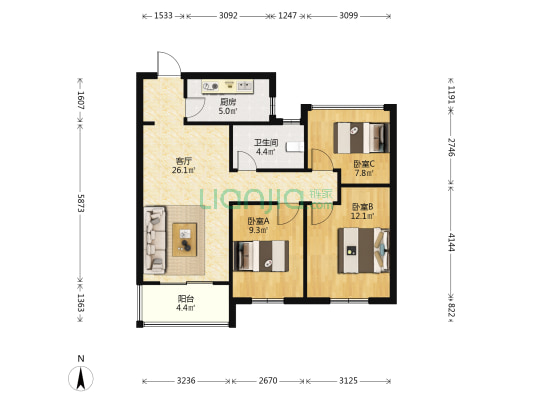 龙湖春江郦城天宸苑 3室1厅1卫 87平方