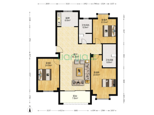 原舍花苑 3室1厅2卫 121平方