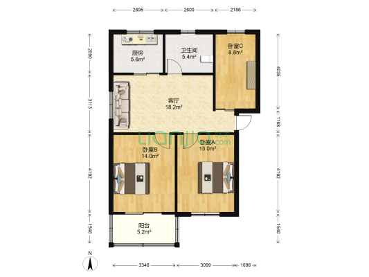 文化路文化桥 3室1厅1卫 90平方
