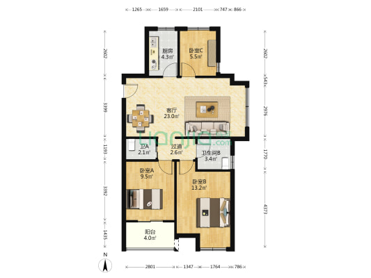 望宸名邸A区 3室1厅2卫 88平方