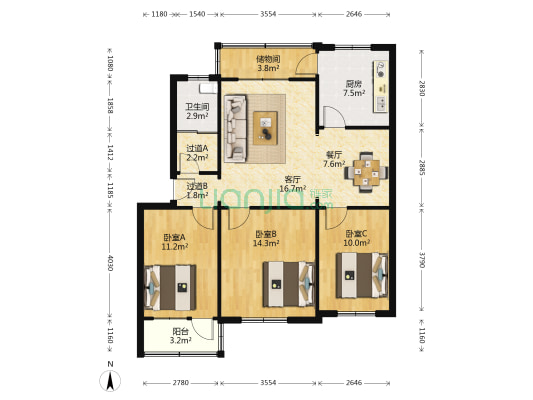 坊子实验小学家属院 3室2厅1卫 98平方