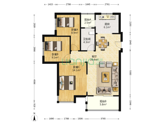中海万锦熙岸一期 3室1厅1卫 109平方