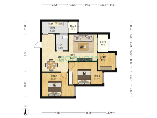 天泰钢城印象C区 3室2厅1卫 77平方