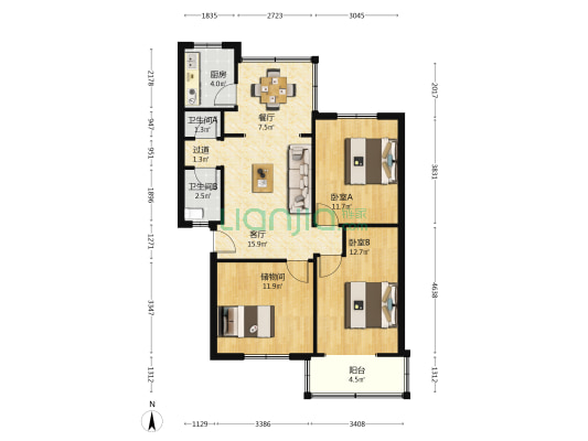 东华正街33号 2室2厅2卫 85平方